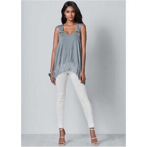 Venus Blue Fringe Sleeveless Top With Metal Accent Rings XS